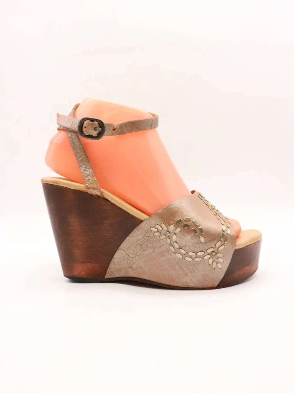 Calleen Cordero Women's 7 Studded Wrap Wood Wedge Brown Leather Buckle Sandals